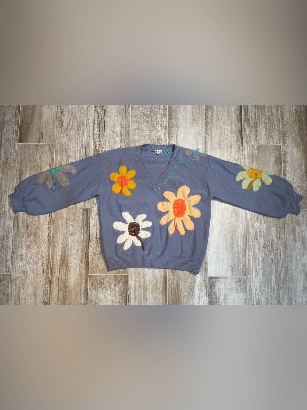 POL Sweater Women M Good Mood Flower Print Stitched Periwinkle Balloon Sleeve